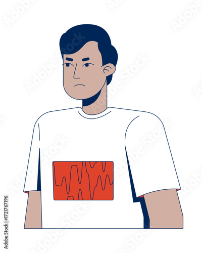 Upset young indian man wearing pattern tshirt 2D cartoon character. Annoyed, grumpy guy in simple tee. Displeased south asian male flat vector person isolated on white. Spot illustration colorful