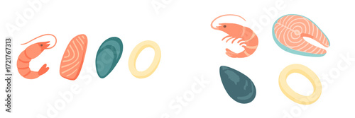 Seafood illustration featuring shrimp, mussels, squid, and salmon on a white background