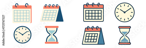 Designs of calendars and clocks showcasing time management tools for planning and scheduling activities