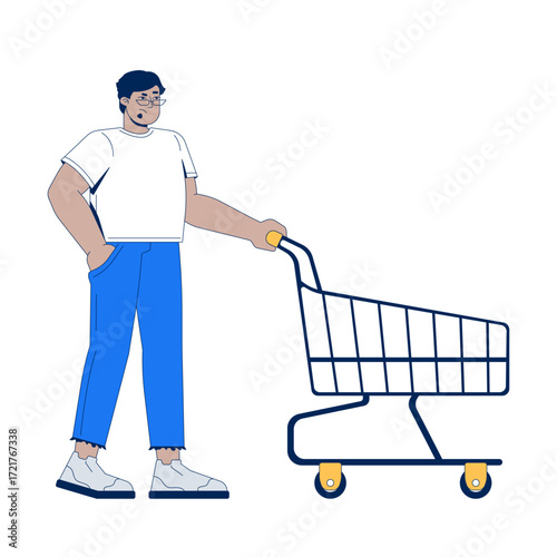 Frustrated arab man with empty shopping cart 2D cartoon character. Unhappy customer. Disappointed guy supermarket shortage trolley flat vector person isolated on white. Spot illustration colorful