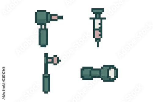 Pixel art representation of medical tools including a syringe, otoscope, and other equipment used in healthcare settings