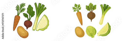 Colorful assortment of fresh vegetables on a white background showcasing carrots, potatoes, and cabbage details