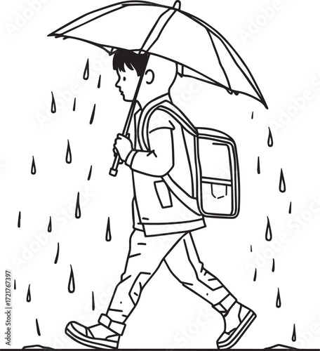 Vector line art of rural children walking to school in sun and rain. Symbolizes education, struggle, and village life. EPS-ready for editorial and lifestyle themes.