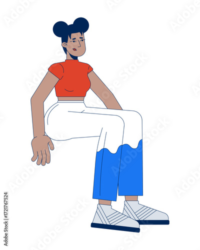 Disappointed black woman sitting calmly in trendy outfit 2D cartoon character. Fashionable african american girl upset expression flat vector person isolated on white. Spot illustration colorful