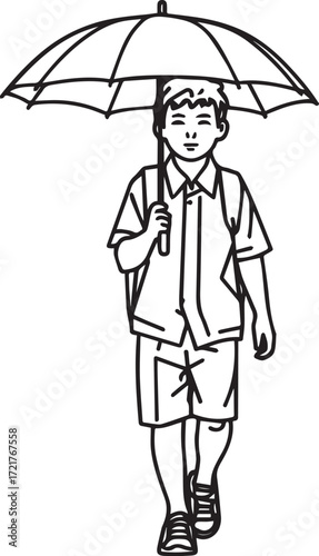 Vector line art of rural children walking to school in sun and rain. Symbolizes education, struggle, and village life. EPS-ready for editorial and lifestyle themes.