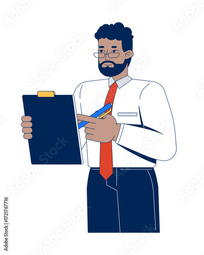 Corporate african american man writing with pen on clipboard 2D cartoon character. Bearded glasses office worker reviewing, note taking flat vector person isolated on white. Spot illustration colorful