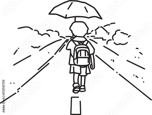 Vector line art of rural children walking to school in sun and rain. Symbolizes education, struggle, and village life. EPS-ready for editorial and lifestyle themes.