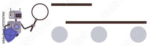 Robot with AI label holds a magnifying glass investigating lines and dots, symbolizing analysis, security, and data protection. Ideal for AI, research, cybersecurity, problem-solving, innovation