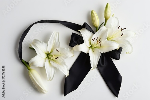 Elegantes weißes Lilienarrangement mit schwarzem Band auf weißem Hintergrund – Symbol für Trauer und Erinnerungen