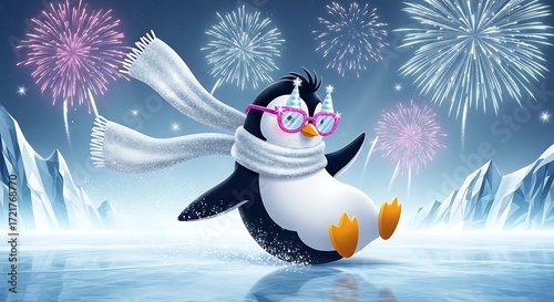 Happy penguin celebrating New Year fireworks winter holiday cartoon illustration ice background