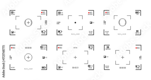 Camera screen with cinematic frame and aperture background. Digital photo and video view with optical design.