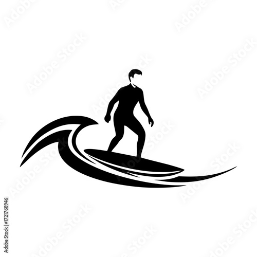 Dynamic silhouette of a surfer catching a big wave, a minimalist graphic for water sports concepts