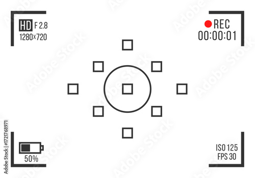 Camcorder screen with cinematic frame and optical design. Digital photo composition with shutter, exposure, and motion picture overlay.
