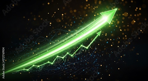 Green arrow growth chart rising up success concept Abstract glowing design Dark background