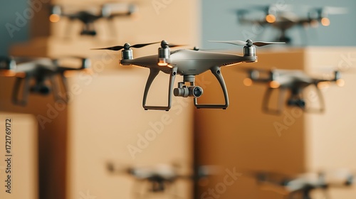Automated drone delivery network hub with multiple drones taking off and landing, urban logistics, efficient last-mile delivery.  