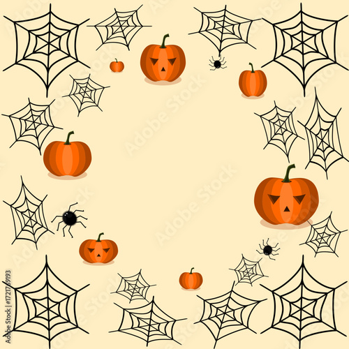 Halloween background with pumpkins, webs and spiders