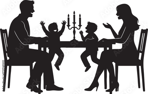 Happy family having dinner together, black and white silhouette illustration