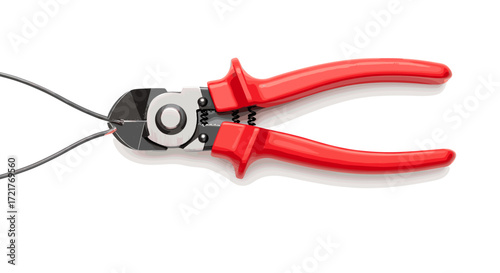 Wire cutter tool with red handles on white background  