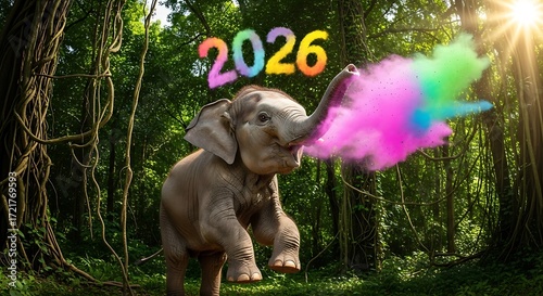 Baby elephant blowing colorful powder 2026 New Year celebration jungle background Digital illustration