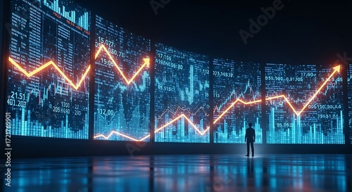 Businessman analyzing stock market data charts and graphs Futuristic technology concept 3D rendering