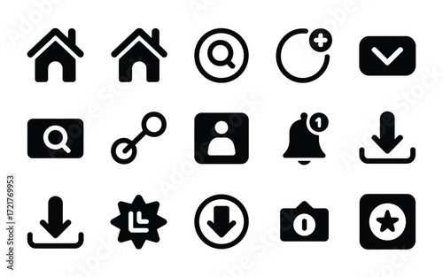 Vector art of collection of essential user interface icons, providing a versatile set for app and web design, covering navigation, communication, and actions