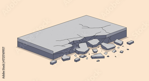 Cracked concrete slab with broken pieces on a beige background  