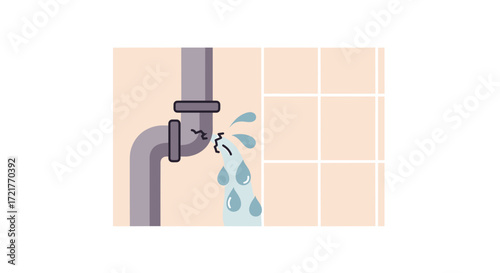 Broken pipe leaking water against tiled wall background  