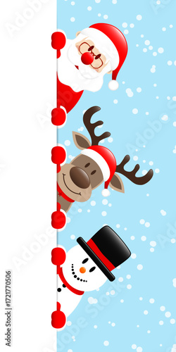 Vertikales Banner Weihnachtsmann Rentier Und Schneemann Rechts Schnee Blau