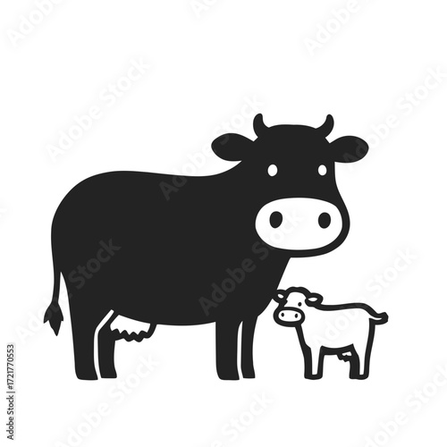 Black and white dairy cattle cartoon illustration isolated on white background with a cute calf, perfect as a farm animal vector art