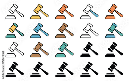 Vector art of collection of gavel illustrations in various colors and styles, representing law, justice, and legal proceedings, ideal for legal websites, educational resources, and courtroom dramas