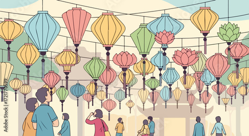 Vibrant Cultural Celebration People Admiring Numerous Colorful Lanterns Hanging Overhead at a Festive Outdoor Event