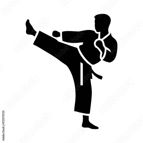 Dynamic silhouette illustration of a martial artist executing a powerful high kick, symbolizing strength, discipline, and training in a combat sport setting