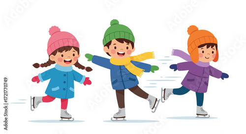 Cheerful Children Enjoying Winter Fun Ice Skating Joy on a Winter Day