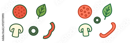 Colorful illustrations of pizza toppings featuring pepperoni, mushrooms, olives, and peppers on a white background