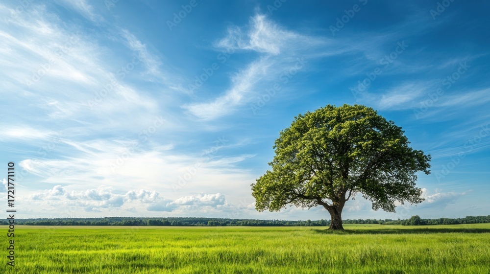 Fototapeta premium Vast field, lone tree, bright sky