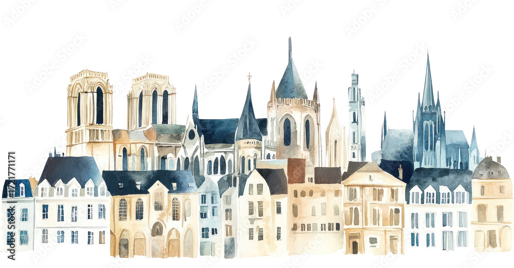 Naklejka premium PNG European city buildings architecture illustration watercolor.