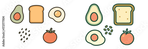 Creative food illustrations featuring avocados, bread, eggs, and tomatoes in simple yet appealing designs