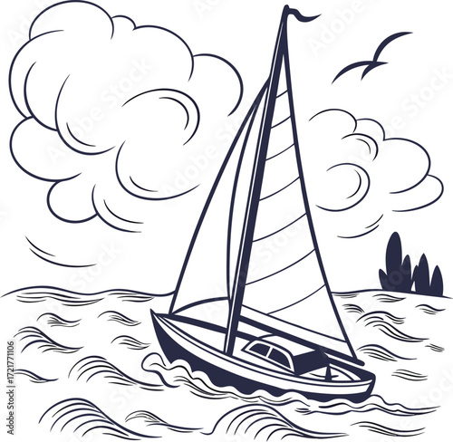 A sailing vessel glides on the blue sea, its silhouette a testament to nautical adventure and travel on the ocean