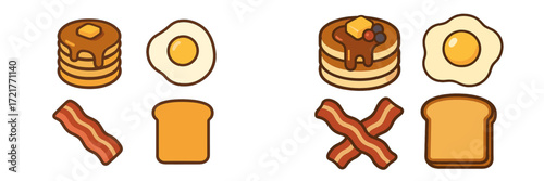Delicious breakfast foods including pancakes, eggs, bacon, and toast on a white background