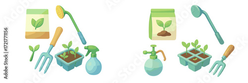 Gardening tools and supplies arranged on a white background for plant care and gardening activities