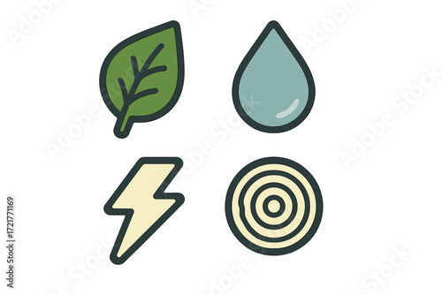 Symbols representing nature elements including earth, water, fire, and air displayed in a simple and colorful design