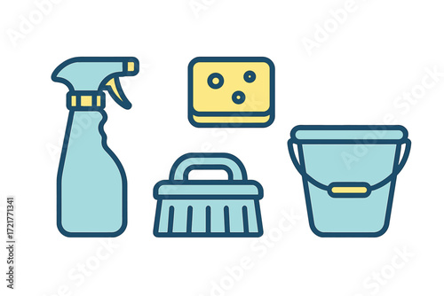 Cleaning supplies arranged neatly with spray bottle, sponge, broom, and bucket for effective home cleaning tasks