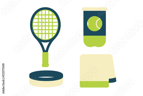 Colorful tennis gear including a racket, towel, and canister with ball design suitable for playful sports activities