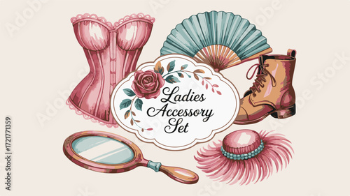 Vintage Ladies Accessory Set with Corset, Fan, Boot, Hat, and Mirror accessories ladies accessories