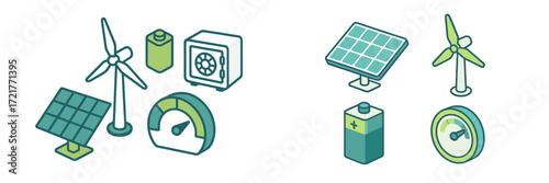 Renewable energy sources represented through icons including solar panels, wind turbines, and batteries in a simple design