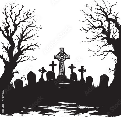 A spooky graveyard scene with celtic crosses and bare trees in black and white illustration style