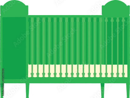 A green crib with a solid headboard and slatted sides