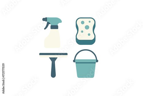 Cleaning supplies including spray bottle, sponge, squeegee, and bucket arranged neatly on a white background