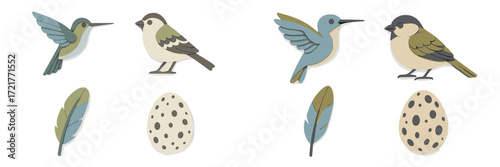 Colorful paper cutouts of birds and eggs created for a whimsical spring decoration or educational display