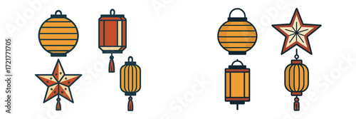 Colorful decorative lanterns and stars featuring traditional designs for festive celebrations